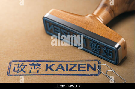 3D illustration of a rubber stamp with the text kaizen in English and Japanese language stamped on paper background. Concept of continuous improvement Stock Photo