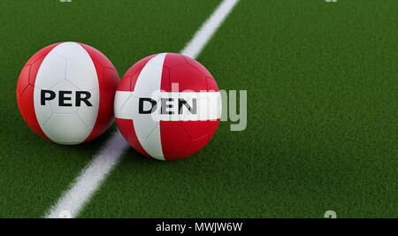 Peru vs. Denmark Soccer Match - Soccer balls in Peruvian and Denmarks national colors on a soccer field. Copy space on the right side - 3D Renderi Stock Photo