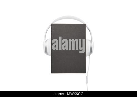 Audio book concept. Black book and white headphones set isolated on white background with copy space. Stock Photo