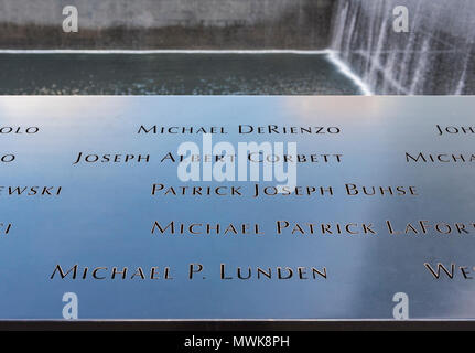 Names of 9/11 victims on pool parapets, National September 11 Memorial & Museum, New York, USA Stock Photo