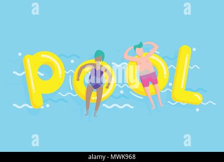 Overhead view of a people lying on a rubber rings in a swimming pool Stock Vector