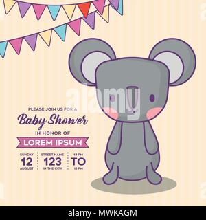 baby shower invitation template with decorative pennants and cute koala over yellow background, colorful design. vector illustration Stock Vector