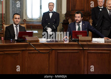 Rome, Italy. 01st June, 2018. Matteo Salvini (R), Deputy Prime Minister and Italian Interior Minister, and Luigi Di Maio, Deputy Prime Minister and Italian Labour Minister, pose for a picture during the first cabinet meeting of the new government at the Chigi Palace in Rome, Italy on June 01, 2018. Credit: Giuseppe Ciccia/Pacific Press/Alamy Live News Stock Photo