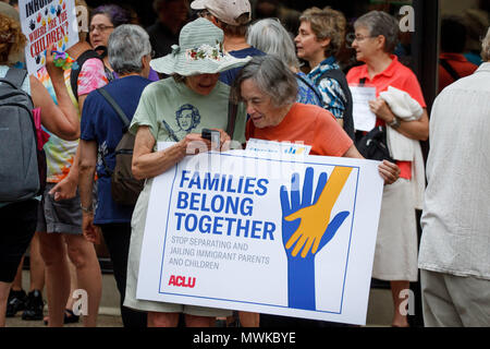 Philadelphia, United States. 01st June, 2018. Protestors hold a sign at a rally near the city's ICE (Immigration and Customs Enforcement) office, organized by the ACLU in opposition to new Trump administration policies which separate children entering the country from their parents or accompanying family members. Credit: Michael Candelori/Pacific Press/Alamy Live News Stock Photo