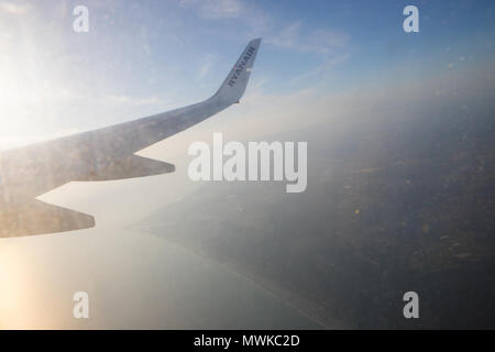 view true Airbus lowcost window,  landing at  Mallorca airport Spain Stock Photo