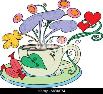 A tea Cup with fairy flowers growing out of it Stock Vector