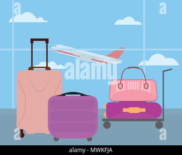 Luggage at the airport hall window with a flying plane and blue sky with background clouds - vector Stock Vector