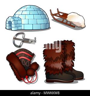 The set of items of culture and life of the people of the far North and of the Inuit, isolated on white background. Jaw harp, igloo, sleigh, boots, hat. Vector illustration. Stock Vector