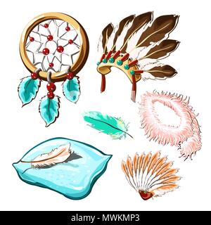 The set of objects of ancient culture and modern life with bird feathers isolated on white background. Vector illustration. Stock Vector