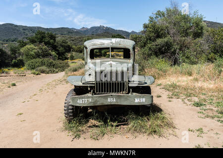 Malibu, California, USA - February 26, 2012:  Old 'MASH' movie prop vehicle on display at Malibu Creek State Park. Stock Photo