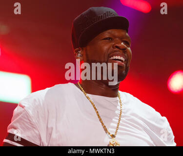 50 Cent, real name Curtis Jackson, live onstage in the United Kingdom in 2015. 50 Cent live, 50 Cent rapper. Stock Photo