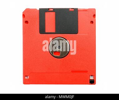 Red floppy disk isolated on white background. Obsolete technology concept. Stock Photo
