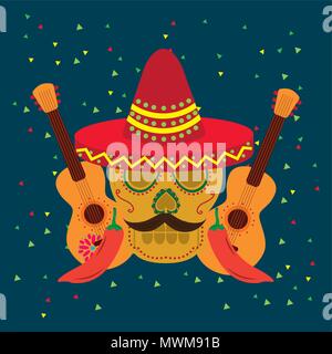 viva mexico celebration two guitars skull moustache red hat guitar chili peppers vector illustration Stock Vector