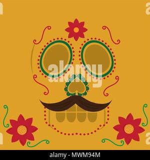 viva mexico celebration floral skull with mustache yellow background vector illustration Stock Vector