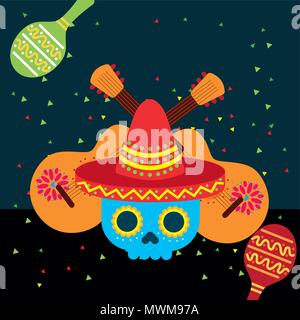 viva mexico blue skull with hat and guitars maracas vector illustration Stock Vector