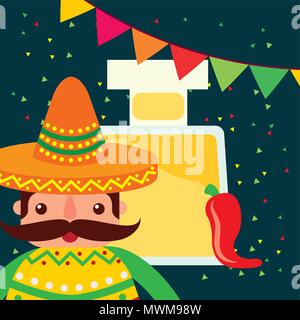 mexican men with hat and poncho maracas guitar vector illustration ...