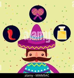 mexican man with hat and poncho character cartoon vector illustration Stock Vector