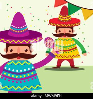 mexican men with hat and poncho maracas guitar vector illustration ...