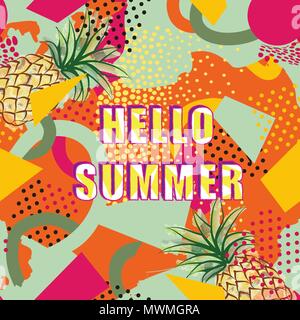 Hello summer card background over abstract blot creative painted dotted pattern in 1980s style. Stock Vector