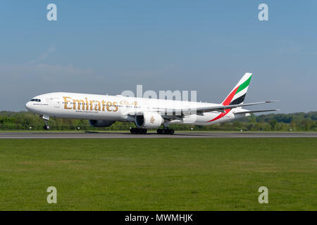 MANCHESTER, UNITED KINGDOM - MAY 07, 2018: Emirates Boeing 777 departing Manchester airport Stock Photo