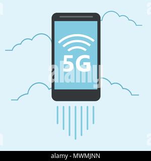 5g template with smartphone flying. High speed mobile web technology Stock Vector