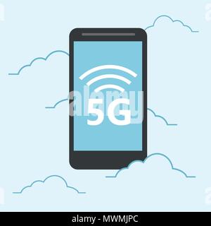5g template with smartphone flying. High speed mobile web technology Stock Vector