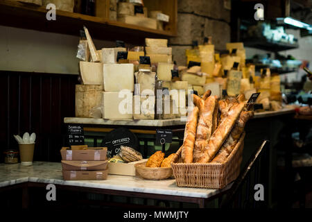 Store front selling breads, hard cheeses, baguette and traditional scottish food. Stock Photo