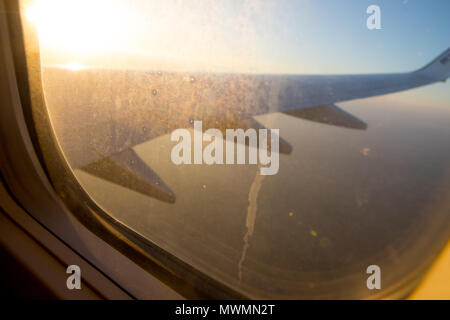 Airbus wing Ryanair, view true window, Europe Stock Photo