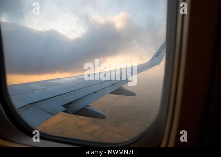 Airbus wing Ryanair, view true window, Europe Stock Photo