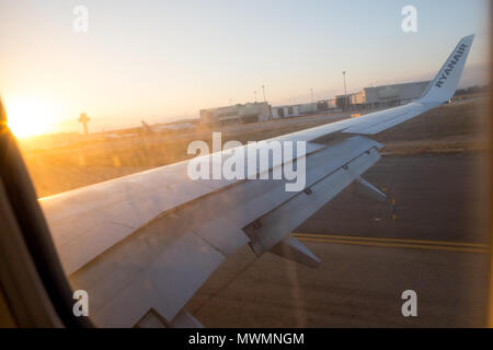 Airbus wing Ryanair, view true window, Europe Stock Photo