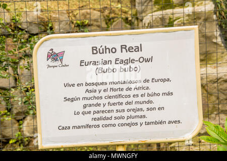 OTAVALO, ECUADOR - MAY 29, 2018: Outdoor view of informative sign of Eurasian eagle owl, Bubo bubo at Condor Park in Otavalo in Ecuador Stock Photo