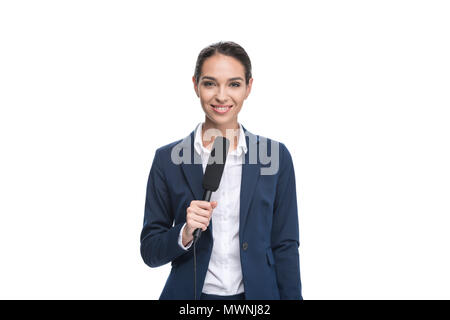 smiling female journalist in suit with microphone, isolated on white Stock Photo