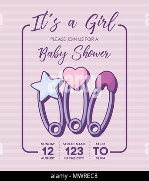 Its a girl-Baby shower invitation with baby pins icon over purple background, colorful design. vector illustration Stock Vector