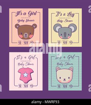 Icon set of baby shower invitations with cute animals over purple background, colorful design. vector illustration Stock Vector