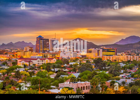 Tucson, Arizona, USA downtown skyline with Sentinel Peak at dusk. (Mountaintop 'A'  for 'Arizona') Stock Photo