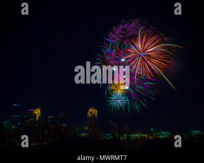 Slightly abstract photo painting of colorful fireworks exploding over the skyline of Minneapolis, Minnesota, during the 4th of July celebration Stock Photo