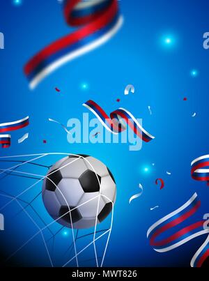 Soccer game championship poster for a russian event. Russia country flag decoration with football ball scoring goal. EPS10 vector. Stock Vector