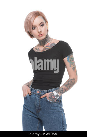 attractive tattooed girl in casual clothes, isolated on white Stock Photo