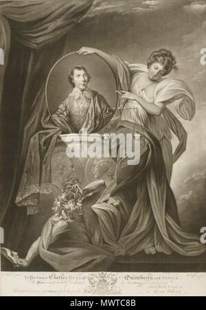 . English: Mezzotint print commemorating the victory of Archibald Douglas in the Douglas Cause. Half-length portrait of Douglas in a medallion, supported on a plinth by a figure of Justice; the plinth bears two medallion portraits, in profile, of William Murray, 1st Earl of Mansfield and Charles Pratt, 1st Earl of Camden. At the foot of the plinth, trampled underfoot, lies the figure of Deceit, holding a mask. 22 October 1770. original painting by George Willison (1741-1797), engraved by Valentine Green(1739-1813) 595 The Douglas Cause Stock Photo