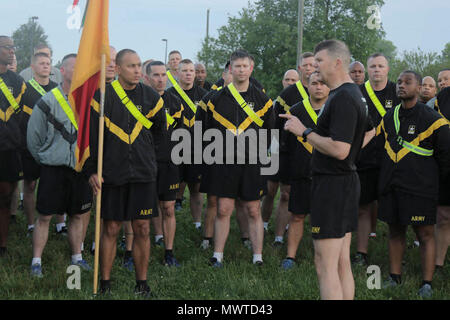 4th Cavalry Brigade held a team-building Physical Readiness Training session at Natcher Fitness Center, April 28, 2017, at Fort Knox. After PRT, Division East, First Army Commanding General, Maj. Gen. Todd McCaffrey spoke to the brigade. (US Army Stock Photo