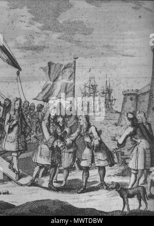 . English: James Stuart, the Old Pretender, sets foot on Scottish soil at Peterhead, 22nd Dec. 1715 . 17 January 2012. Unknown 598 The Old Pretender lands in Scotland, 1715 Stock Photo