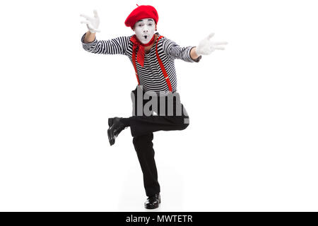 funny mime performing and gesturing isolated on white Stock Photo
