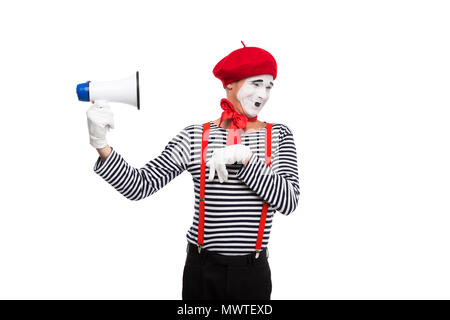 funny mime holding loudspeaker isolated on white Stock Photo