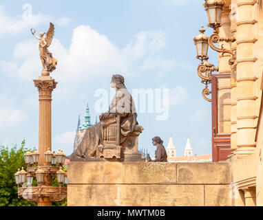 Prague, Old Town - Golden Muse Column Rudolfinum Concert Hall. Stock Photo