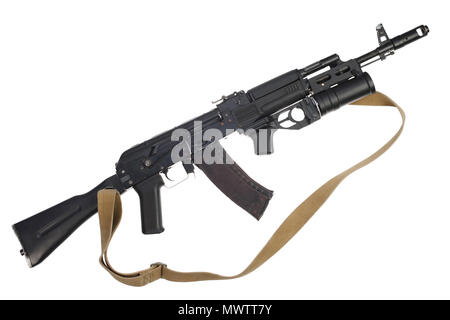 modern kalashnikov AK 74M assault rifle with underbarrel grenade launcher on white Stock Photo