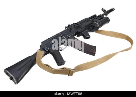 modern kalashnikov AK 74M assault rifle with underbarrel grenade launcher on white Stock Photo