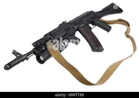 modern kalashnikov AK 74M assault rifle with underbarrel grenade launcher on white Stock Photo