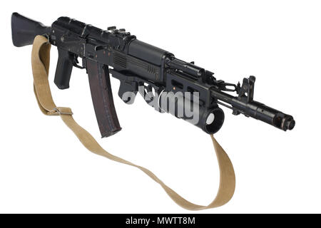 modern kalashnikov AK 74M assault rifle with underbarrel grenade launcher on white Stock Photo