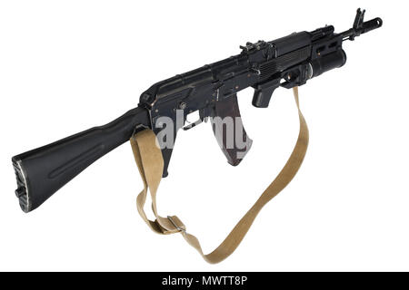 modern kalashnikov AK 74M assault rifle with underbarrel grenade launcher on white Stock Photo