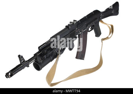 modern kalashnikov AK 74M assault rifle with underbarrel grenade launcher on white Stock Photo